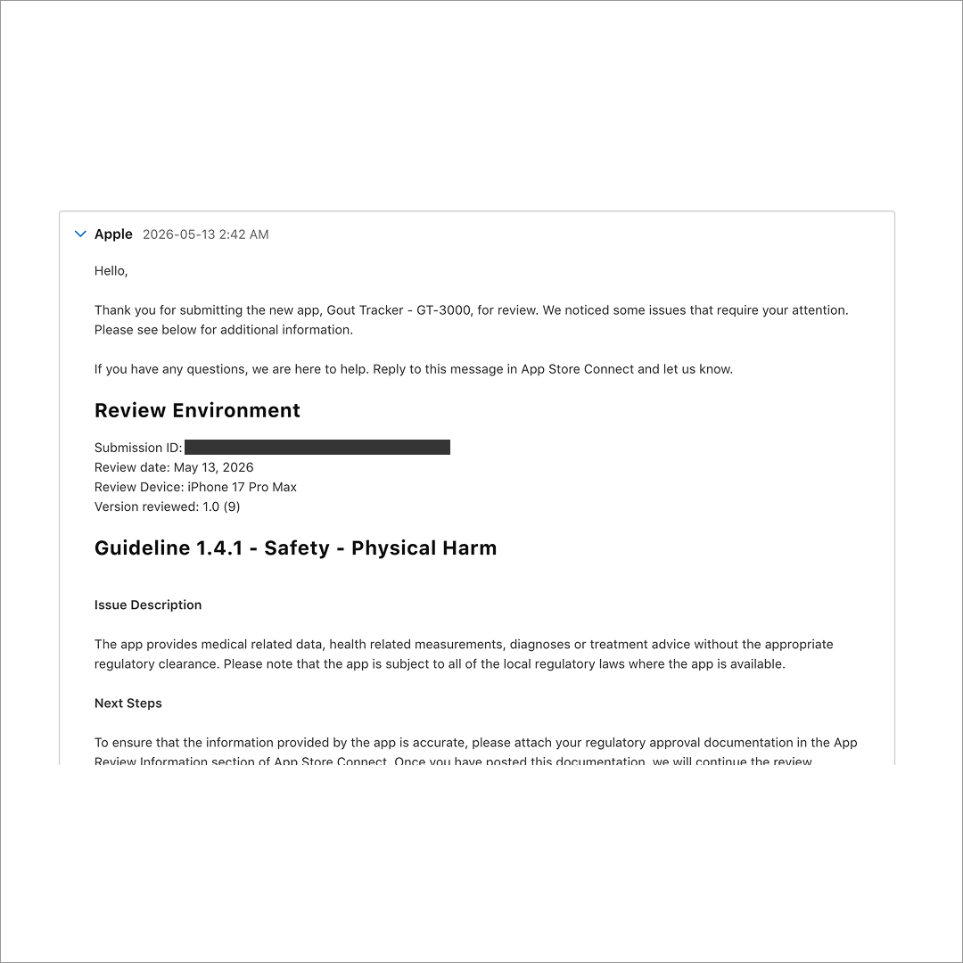 Apple App Store rejection email — Guideline 1.4.1
